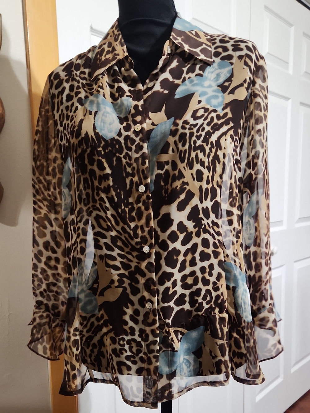 NICOLA Sheer Leopard Print Button-Down Blouse with Blue Floral Motif